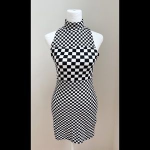 90s Vintage Black & White Checkered Mini Dress M women stretch, sleeveless, used